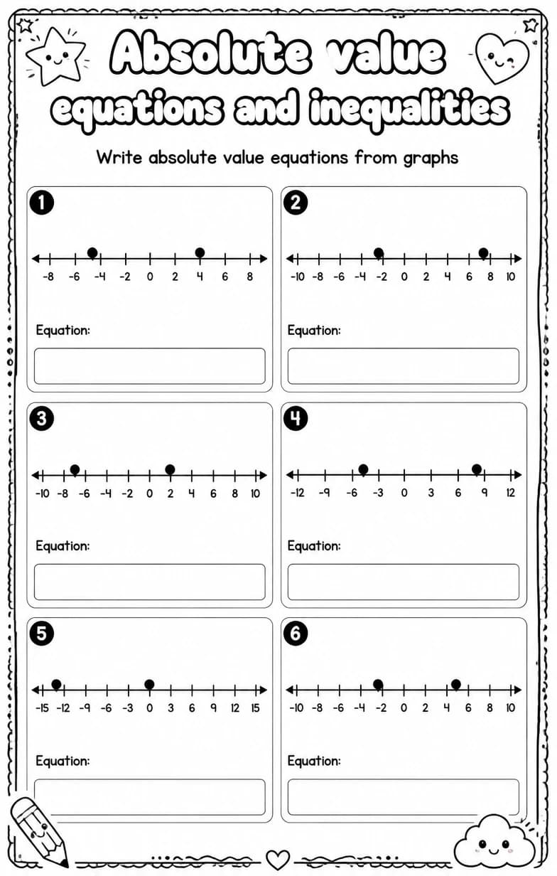 Write absolute value equations from graphs — free printable High School Math worksheet