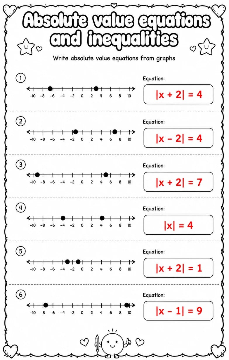 Answer key for Write absolute value equations from graphs — free printable Math worksheet