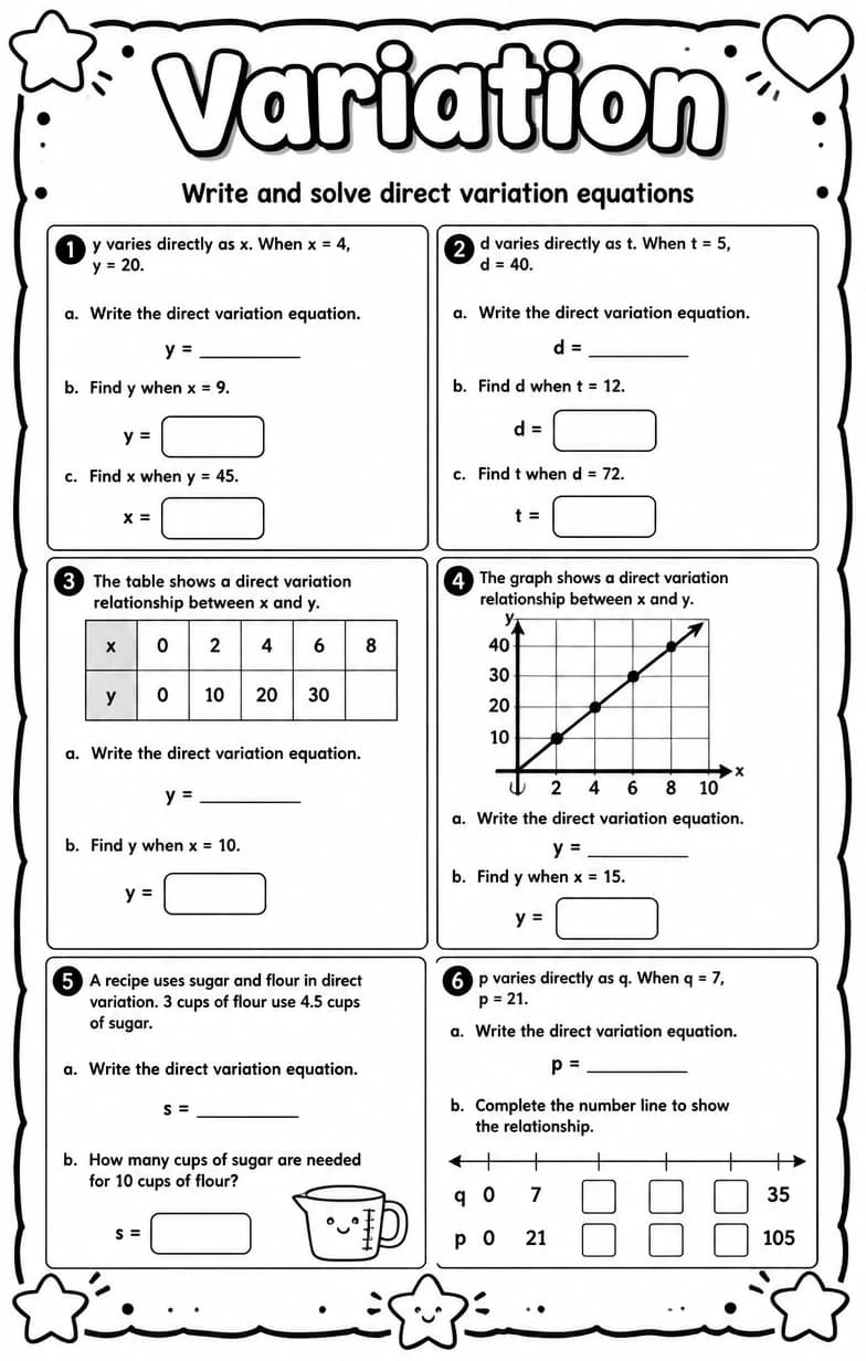 Write and solve direct variation equations — free printable High School Math worksheet
