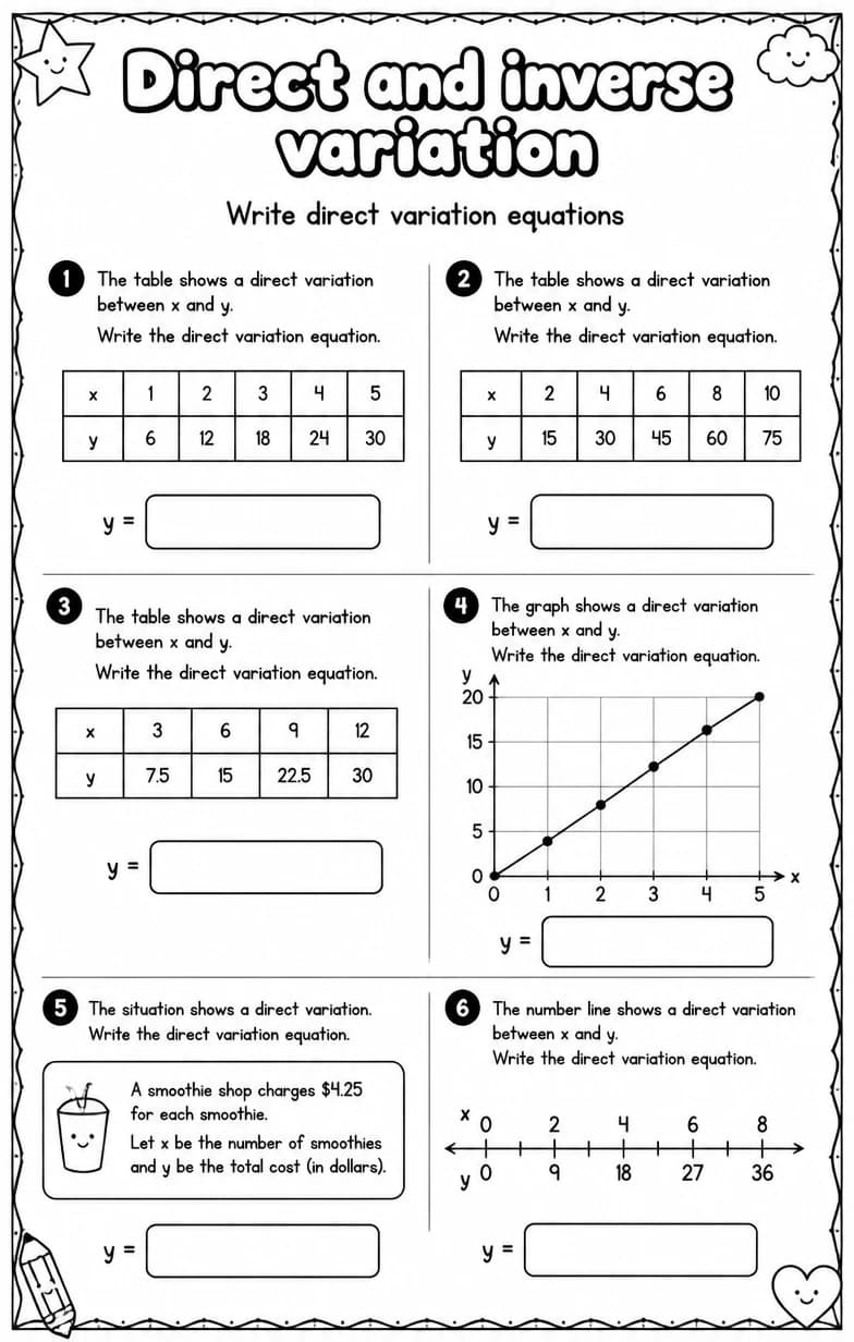 Write direct variation equations — free printable Algebra 1 math worksheet