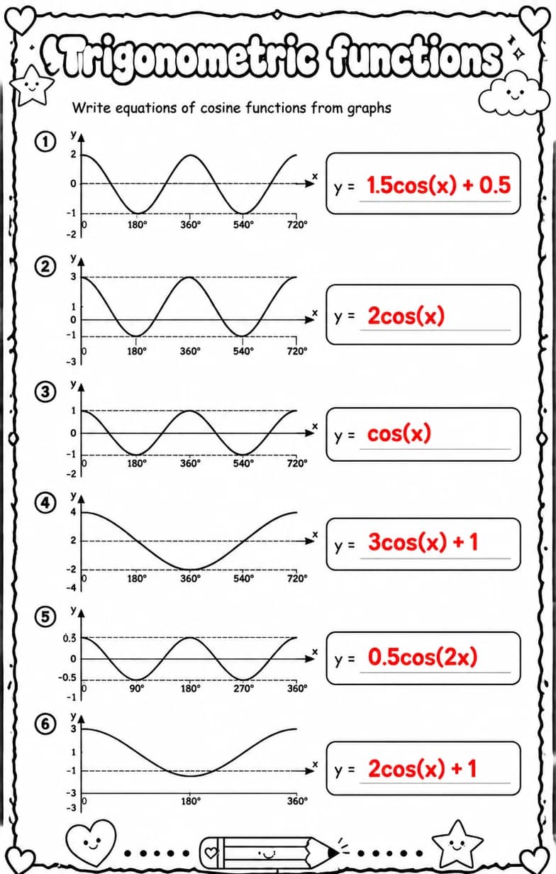 Answer key for Write equations of cosine functions from graphs — free printable Math worksheet