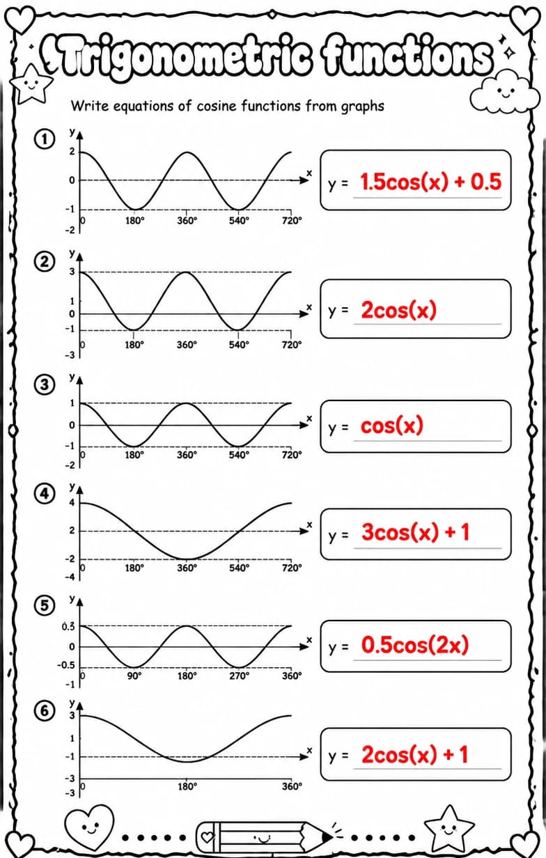 Answer key for Write equations of cosine functions from graphs — free printable Math worksheet