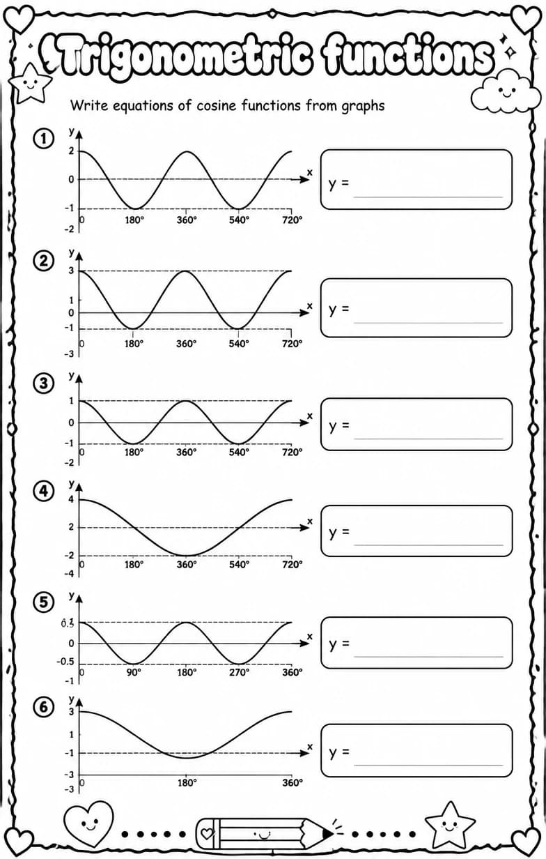 Write equations of cosine functions from graphs — free printable Algebra 2 math worksheet
