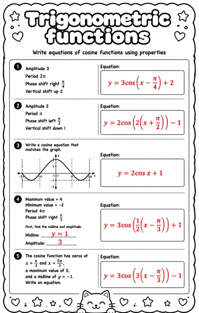 Answer key for Write equations of cosine functions using properties — free printable Math worksheet