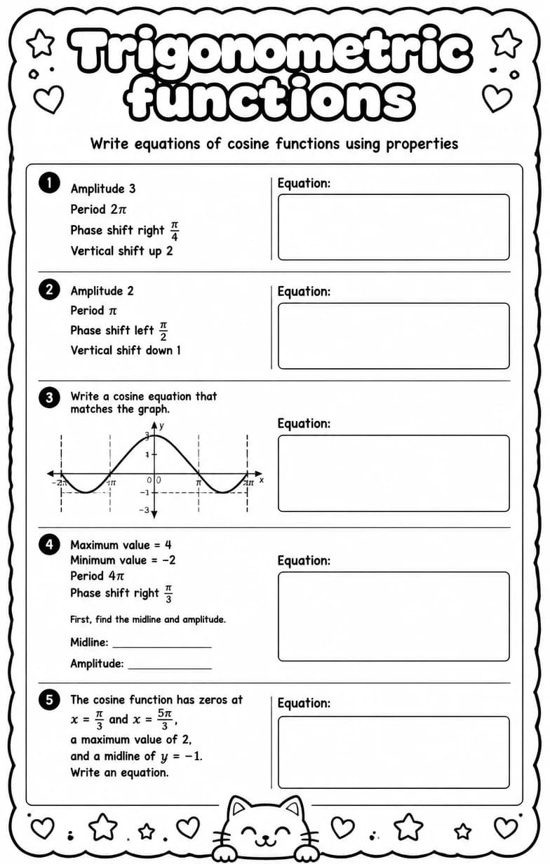 Write equations of cosine functions using properties — free printable Algebra 2 math worksheet