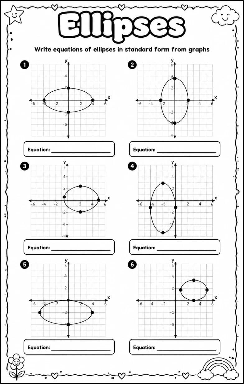 Write equations of ellipses in standard form from graphs — free printable Algebra 2 math worksheet