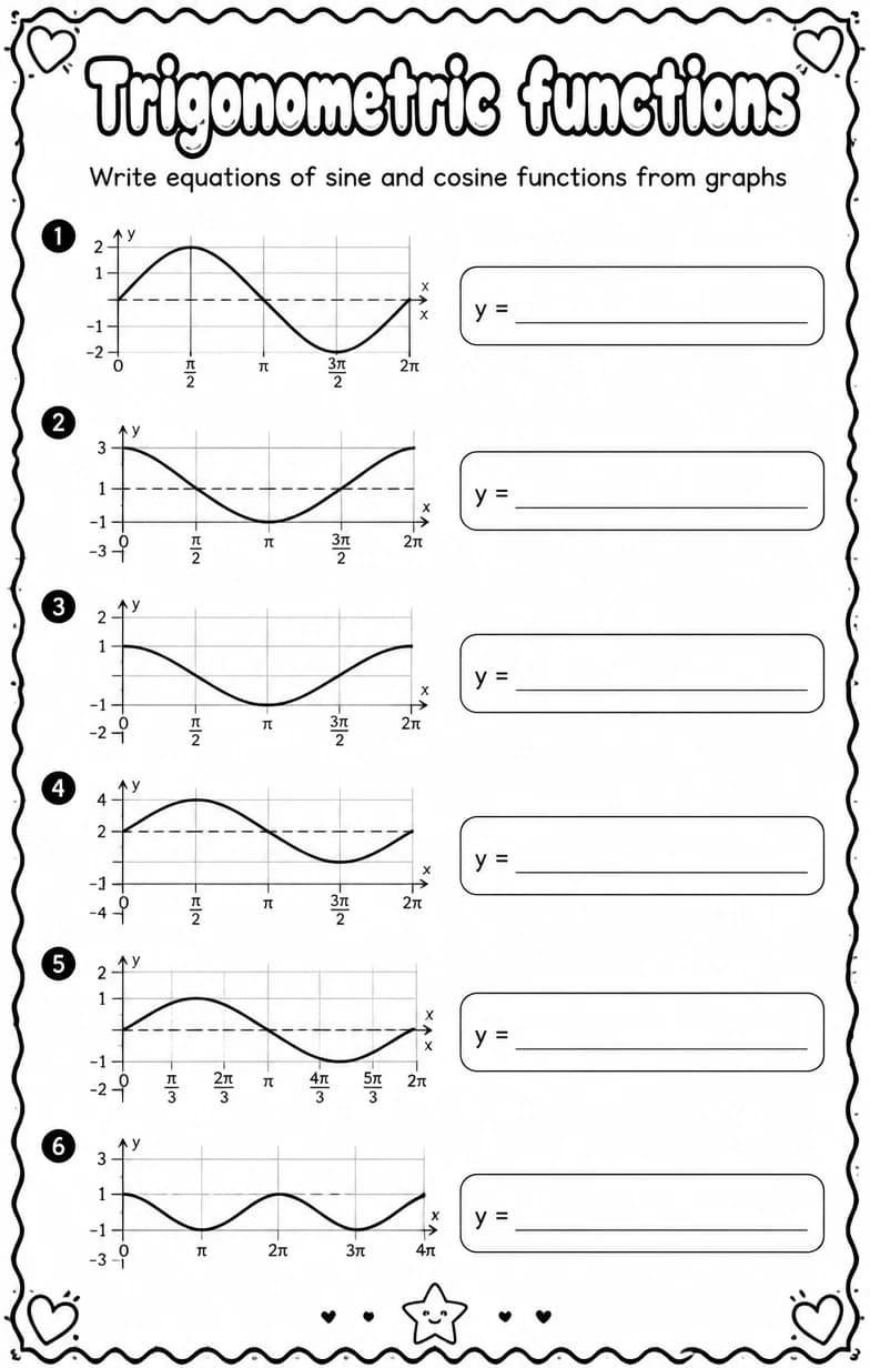 Write equations of sine and cosine functions from graphs — free printable Algebra 2 math worksheet