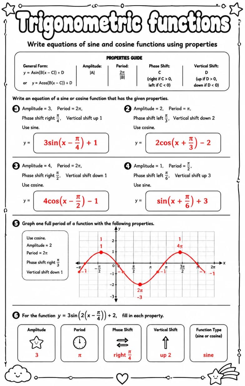 Answer key for Write equations of sine and cosine functions using properties — free printable Math worksheet