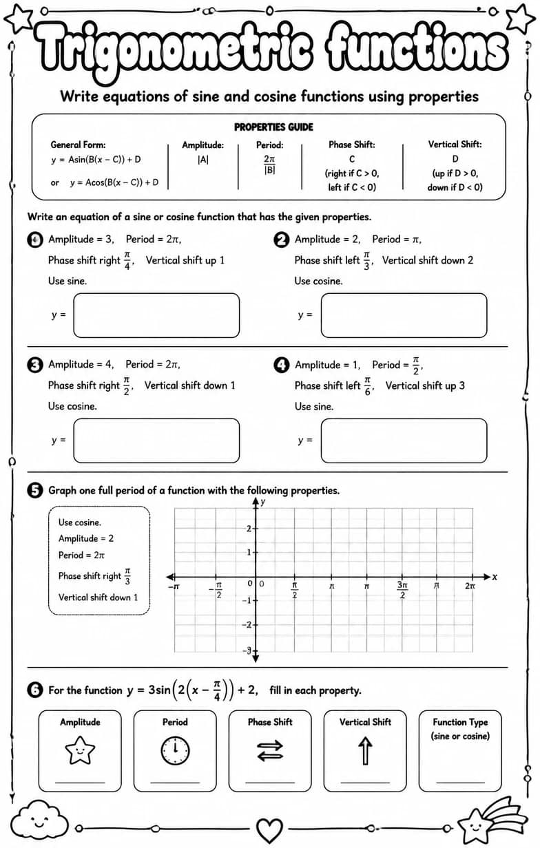 Write equations of sine and cosine functions using properties — free printable Algebra 2 math worksheet