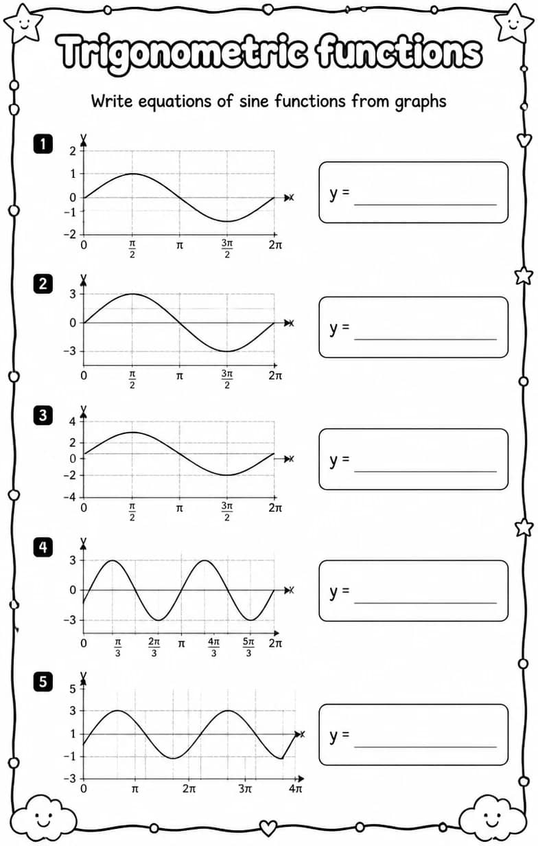 Write equations of sine functions from graphs — free printable Algebra 2 math worksheet