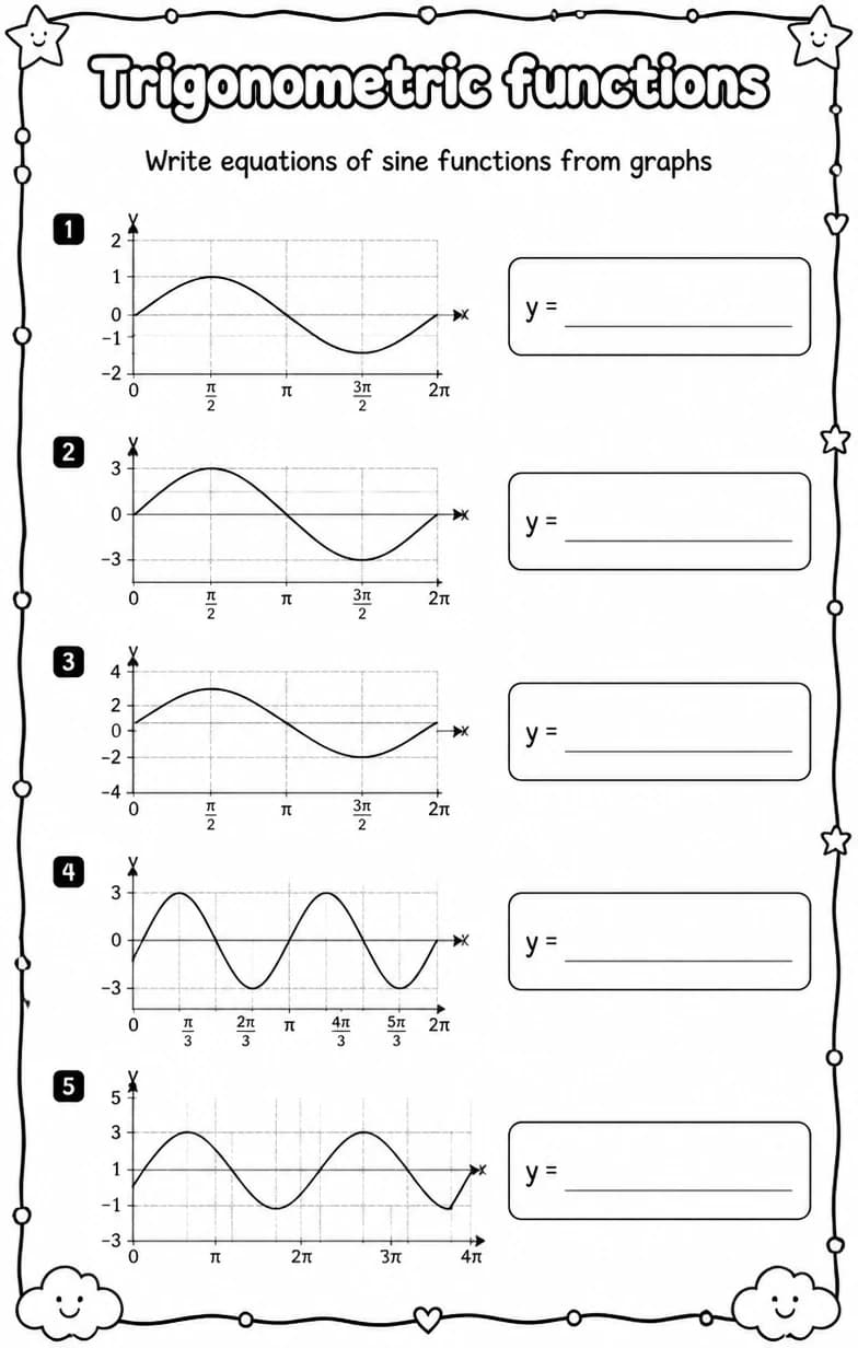 Write equations of sine functions from graphs — free printable Algebra 2 math worksheet