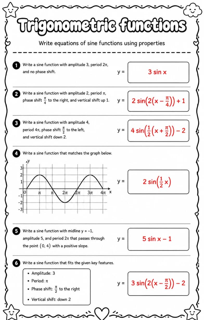 Answer key for Write equations of sine functions using properties — free printable Math worksheet