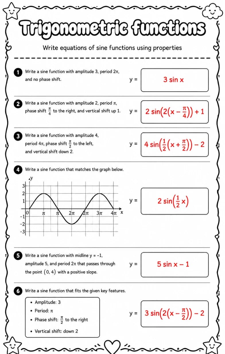 Answer key for Write equations of sine functions using properties — free printable Math worksheet