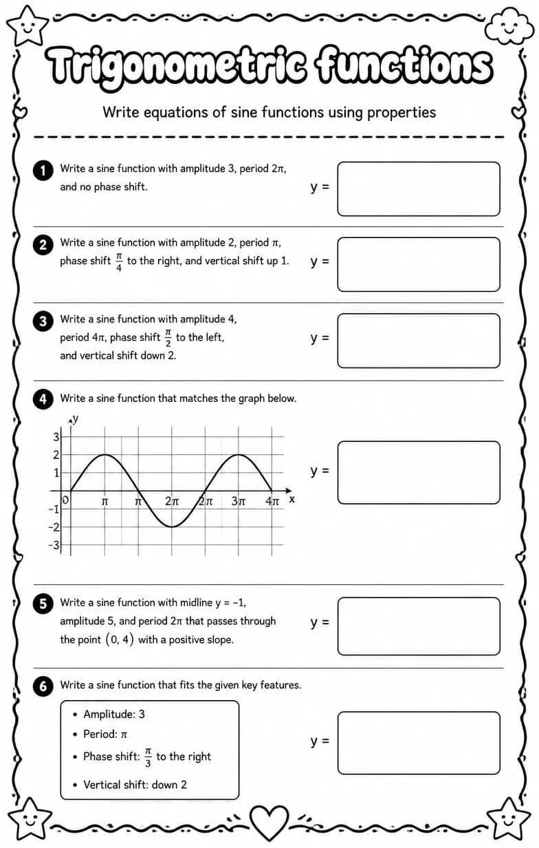 Write equations of sine functions using properties — free printable Algebra 2 math worksheet