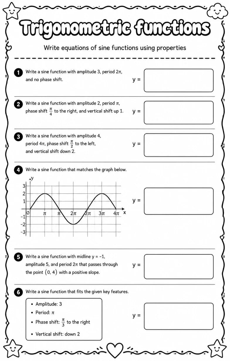 Write equations of sine functions using properties — free printable High School Math worksheet