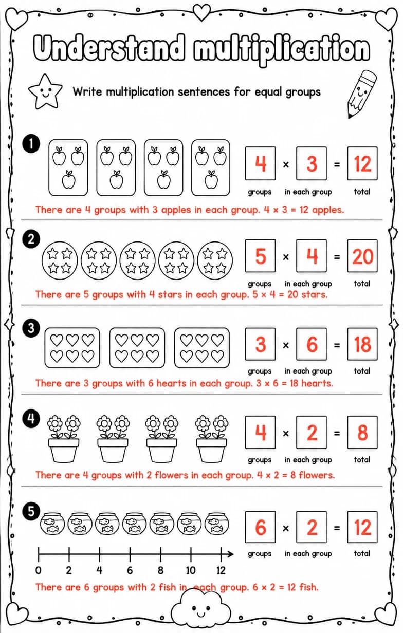 Answer key for Write multiplication sentences for equal groups — free printable Math worksheet