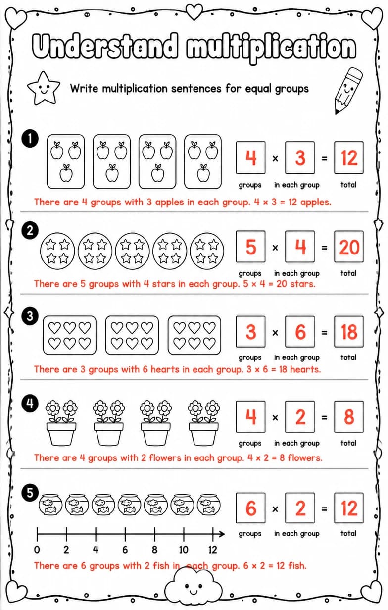 Answer key for Write multiplication sentences for equal groups — free printable Math worksheet