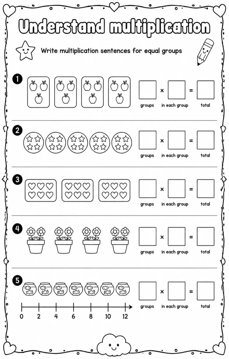 Write multiplication sentences for equal groups — free printable Grade 3 Math worksheet