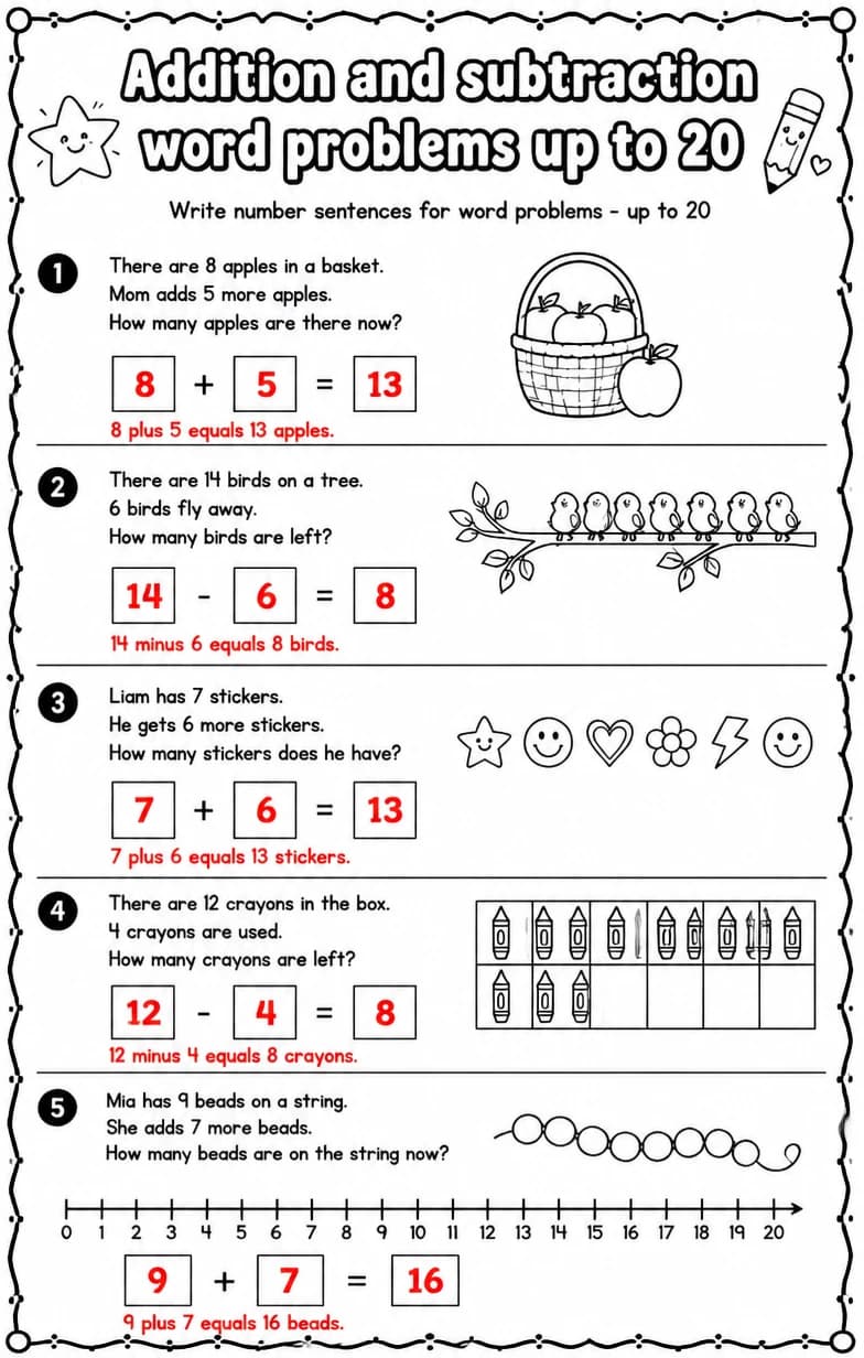Answer key for Write number sentences for word problems - up to 20 — free printable Math worksheet
