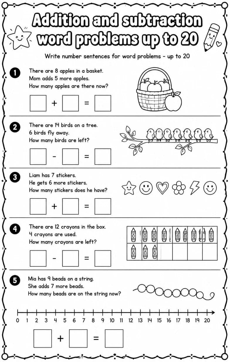 Write number sentences for word problems - up to 20 — free printable Grade 1 math worksheet