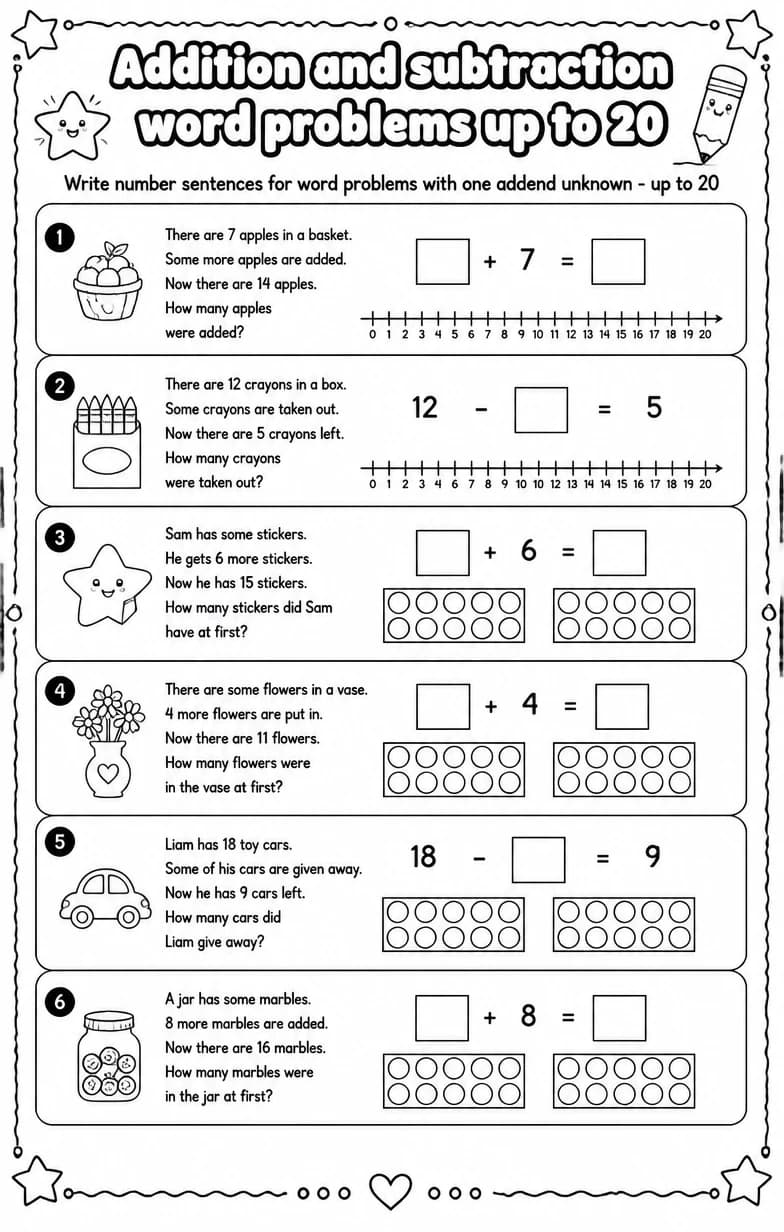 Write number sentences for word problems with one addend unknown - up to 20 — free printable Grade 1 Math worksheet