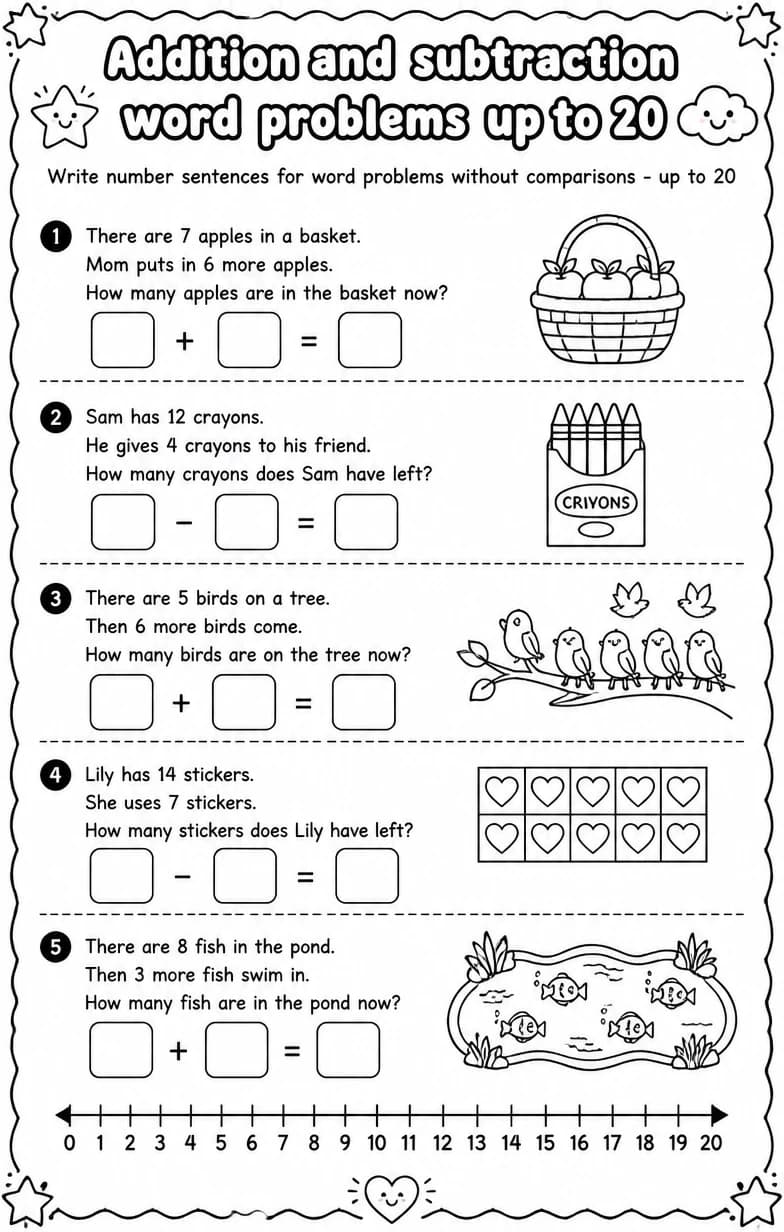 Write number sentences for word problems without comparisons - up to 20 — free printable Grade 1 math worksheet