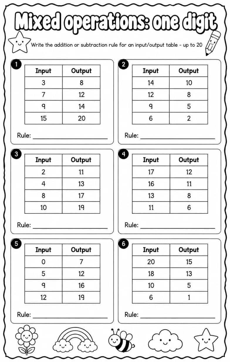 Write the addition or subtraction rule for an input/output table - up to 20 — free printable Grade 2 math worksheet