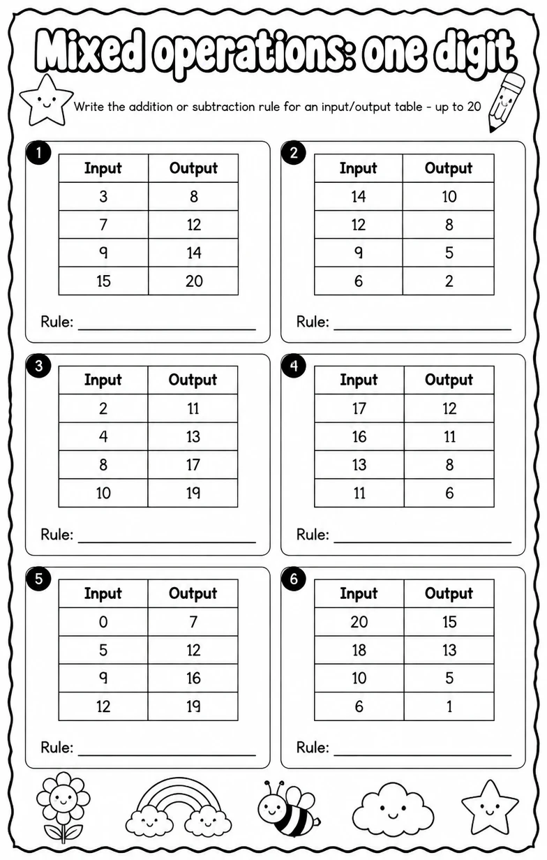 Write the addition or subtraction rule for an input/output table - up to 20 — free printable Grade 2 Math worksheet