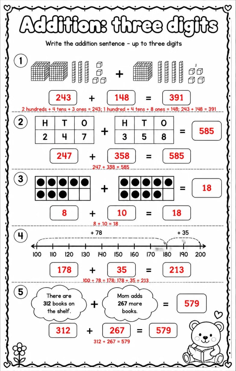 Answer key for Write the addition sentence - up to three digits — free printable Math worksheet