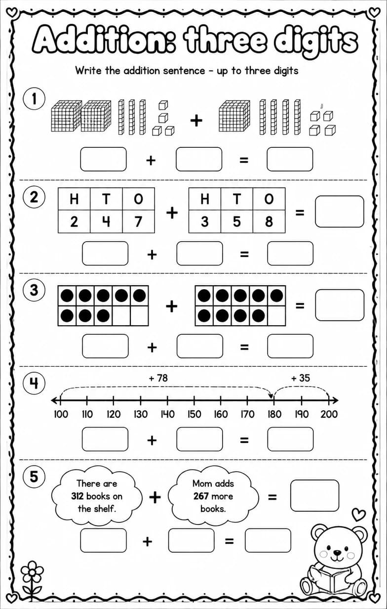 Write the addition sentence - up to three digits — free printable Grade 2 math worksheet