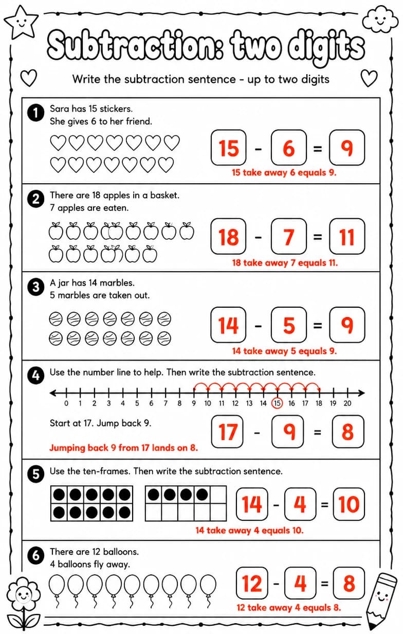 Answer key for Write the subtraction sentence - up to two digits — free printable Math worksheet