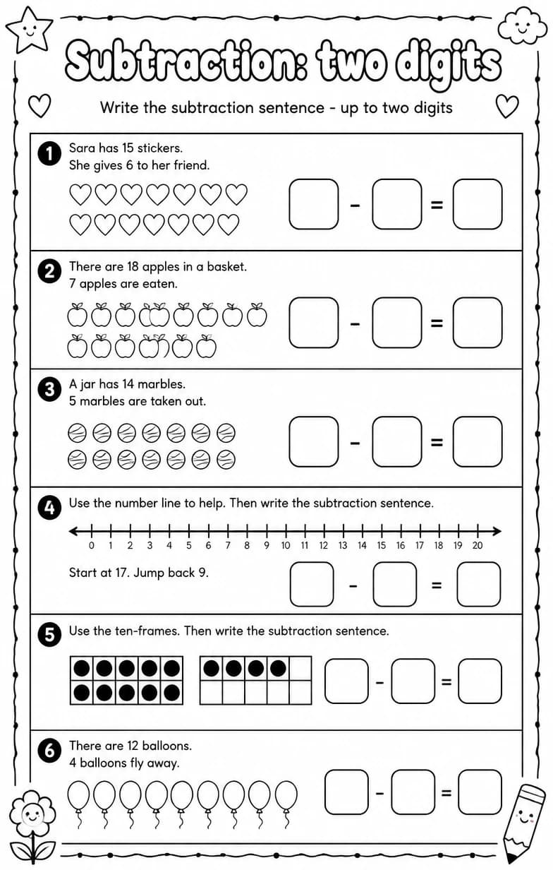 Write the subtraction sentence - up to two digits — free printable Grade 2 math worksheet
