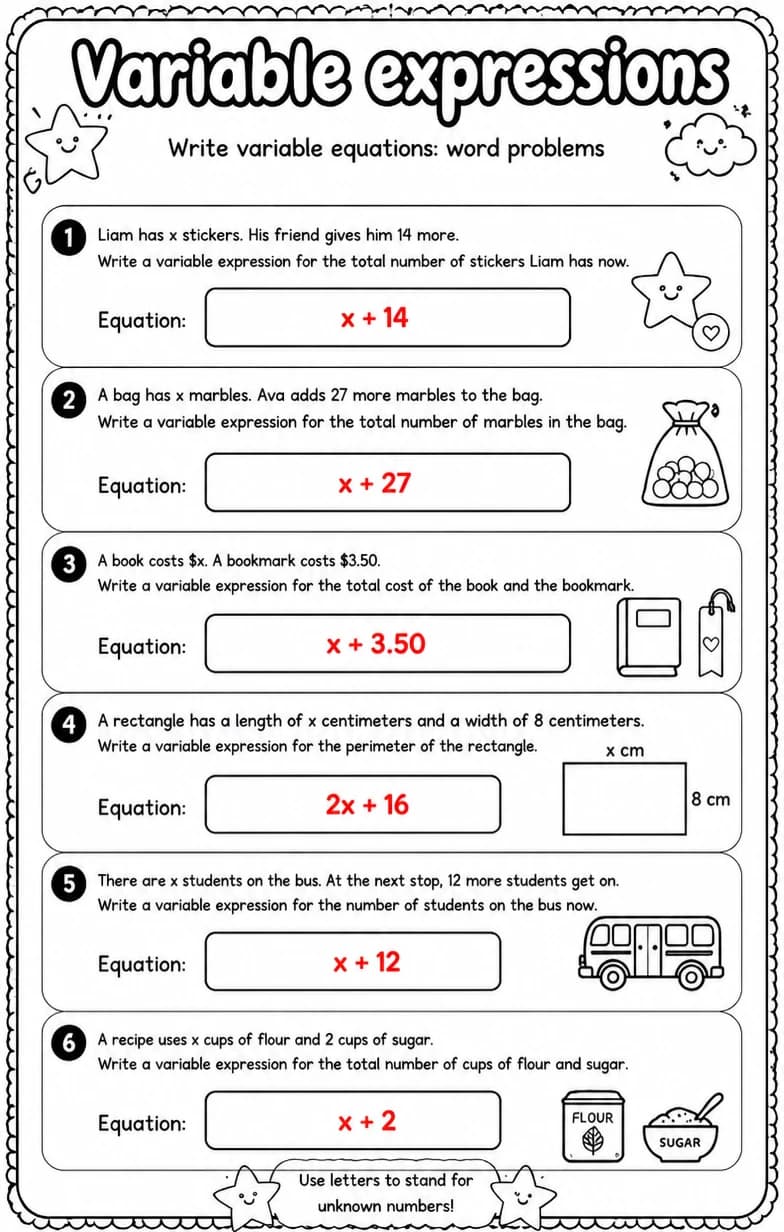 Answer key for Write variable equations: word problems — free printable Math worksheet