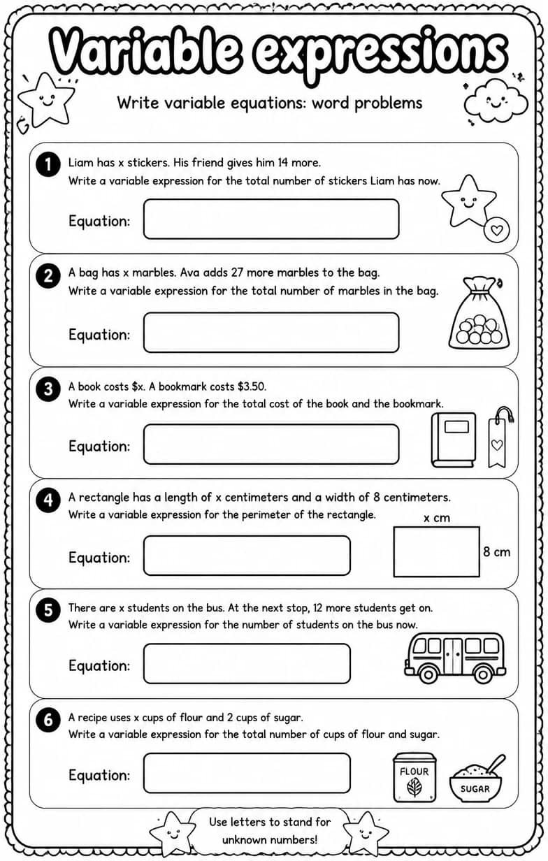 Write variable equations: word problems — free printable Grade 5 math worksheet