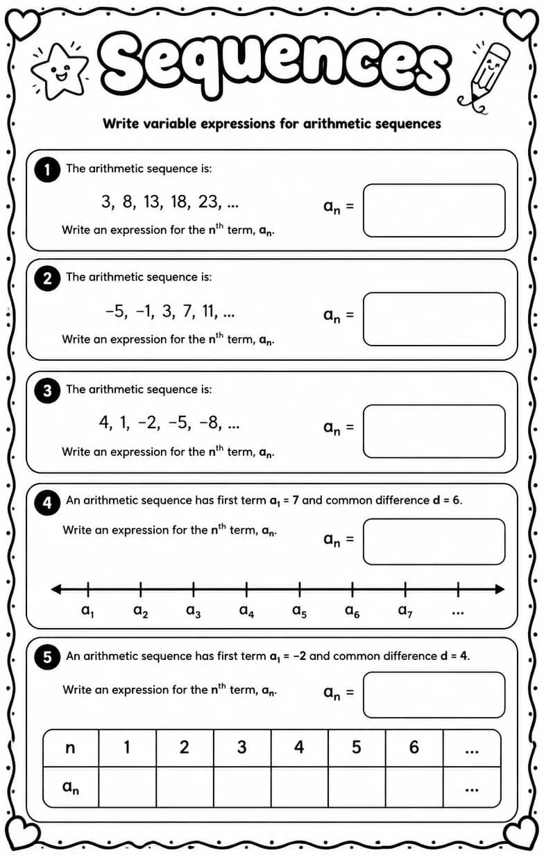 Write variable expressions for arithmetic sequences — free printable Algebra 1 math worksheet