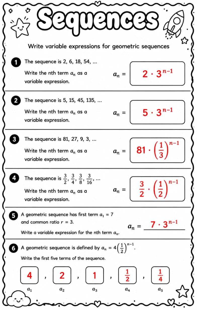 Answer key for Write variable expressions for geometric sequences — free printable Math worksheet