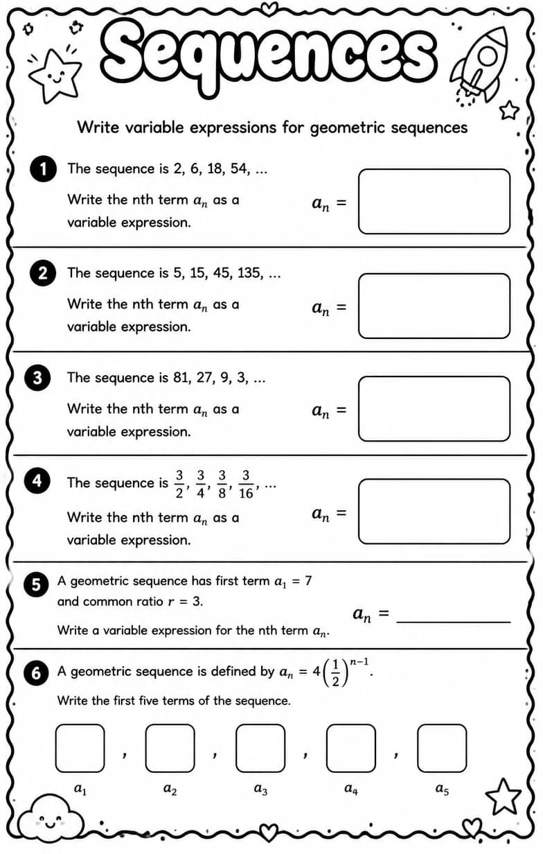 Write variable expressions for geometric sequences — free printable Algebra 1 math worksheet