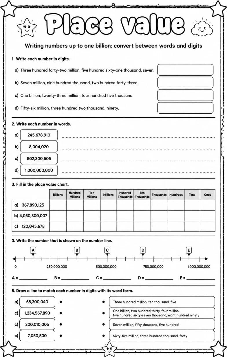 Writing numbers up to one billion: convert between words and digits — free printable Grade 4 math worksheet