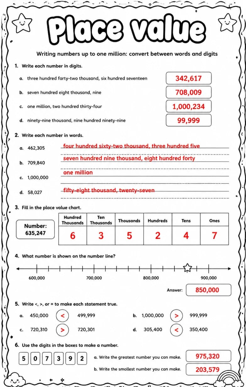 Answer key for Writing numbers up to one million: convert between words and digits — free printable Math worksheet