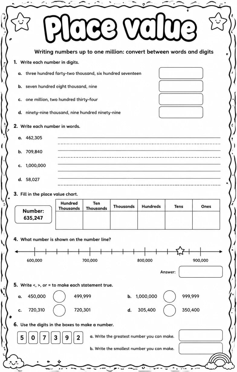 Writing numbers up to one million: convert between words and digits — free printable Grade 4 math worksheet