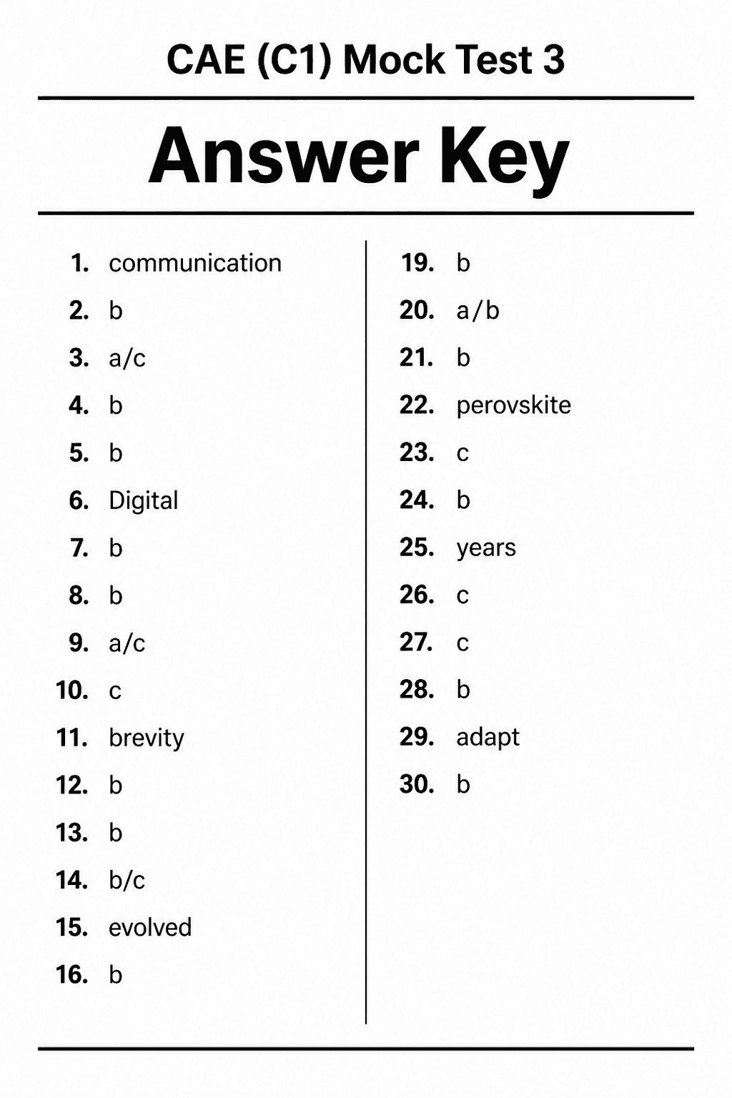 Answer key for C1 Advanced (CAE) — Mock Test 3