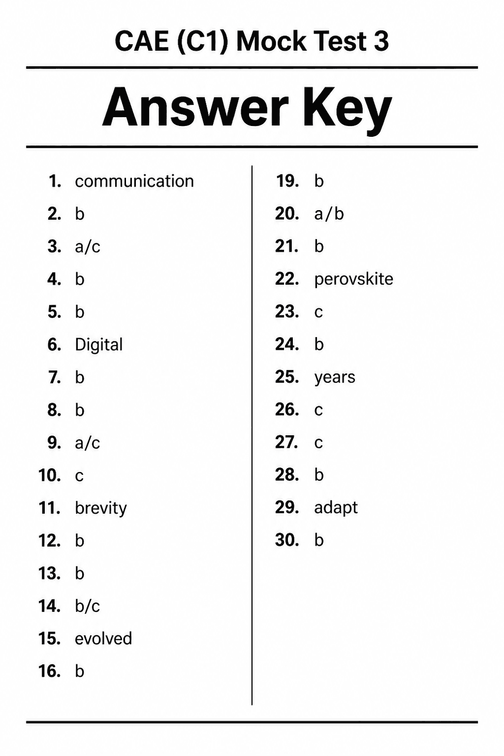 Answer key for C1 Advanced (CAE) — Mock Test 3