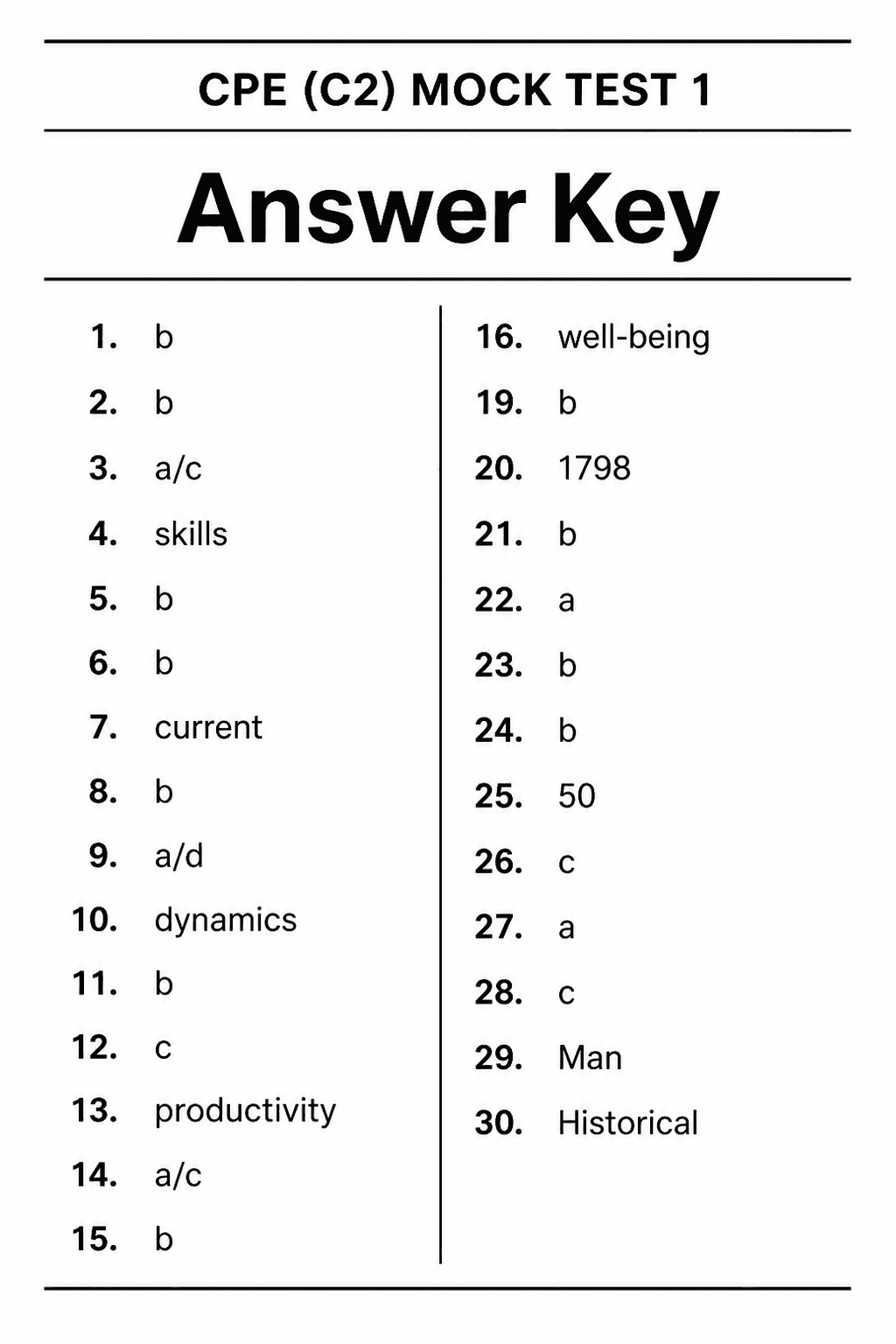 Answer key for C2 Proficiency (CPE) — Mock Test 1