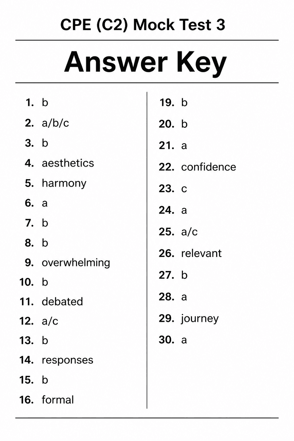 Answer key for C2 Proficiency (CPE) — Mock Test 3