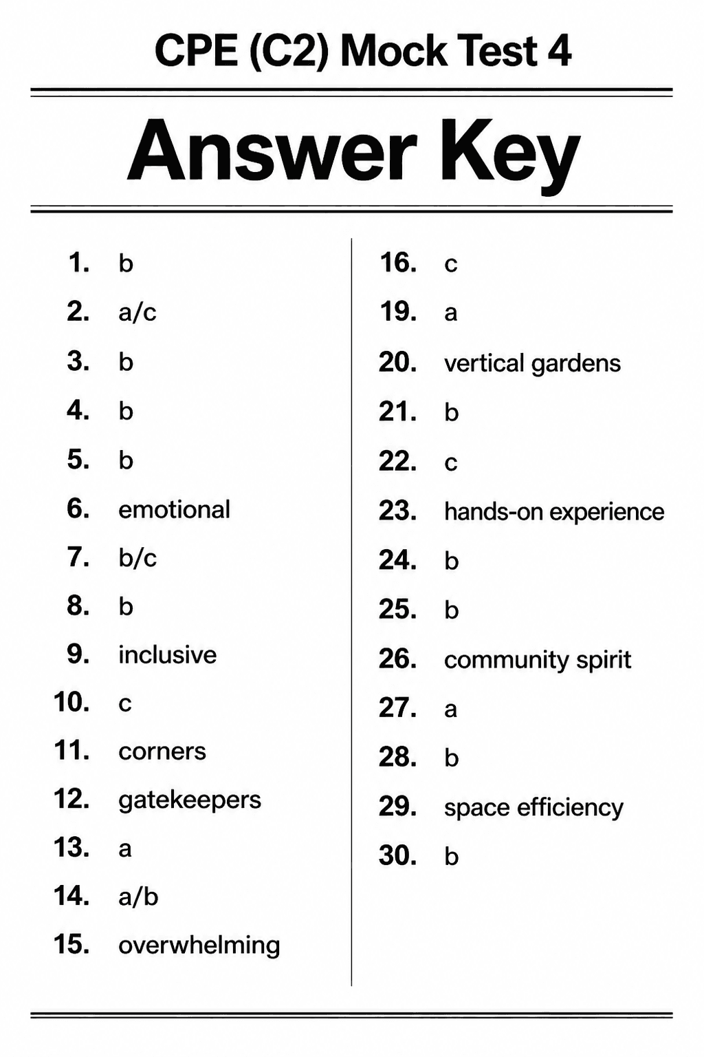 Answer key for C2 Proficiency (CPE) — Mock Test 4