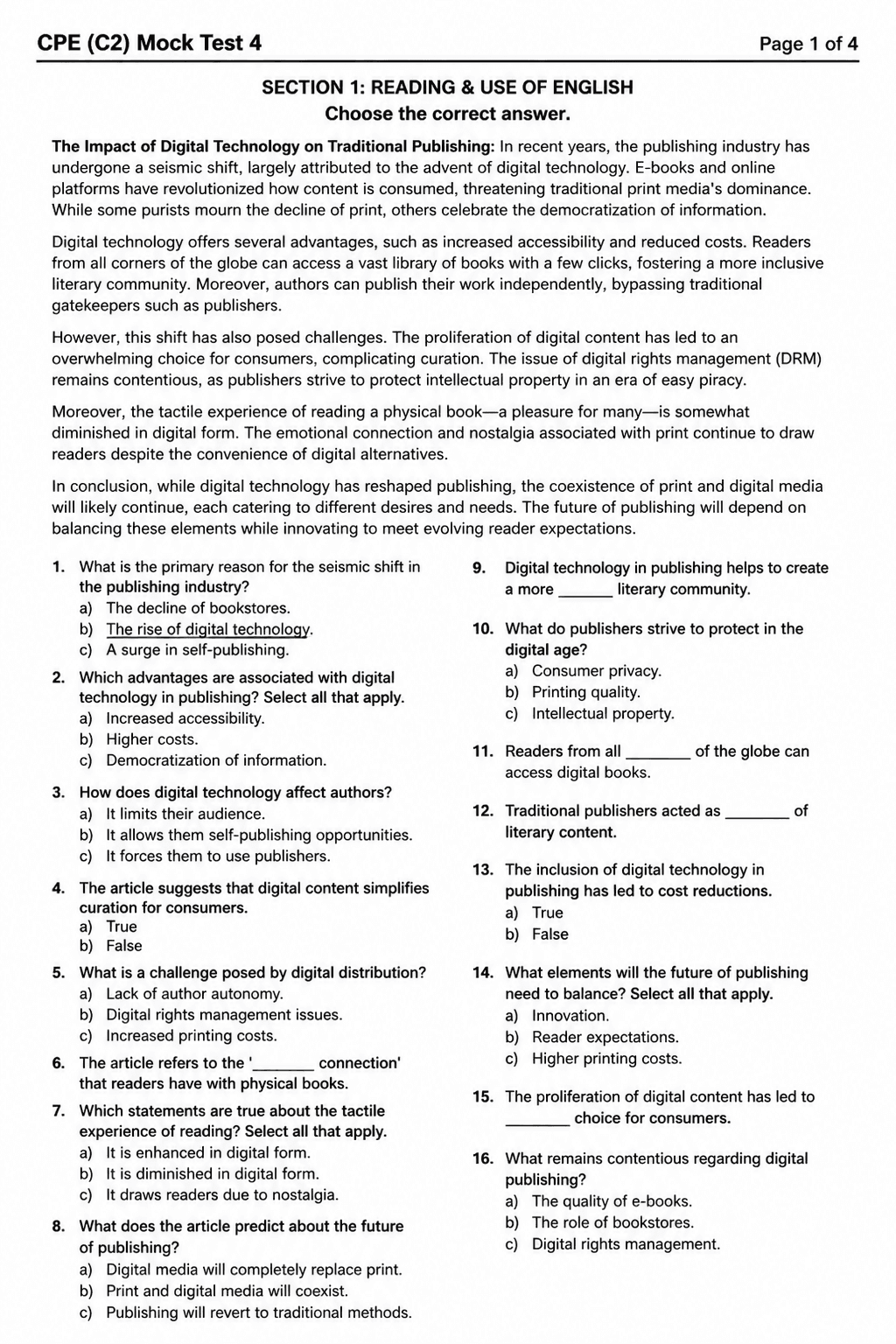 C2 Proficiency (CPE) — Mock Test 4