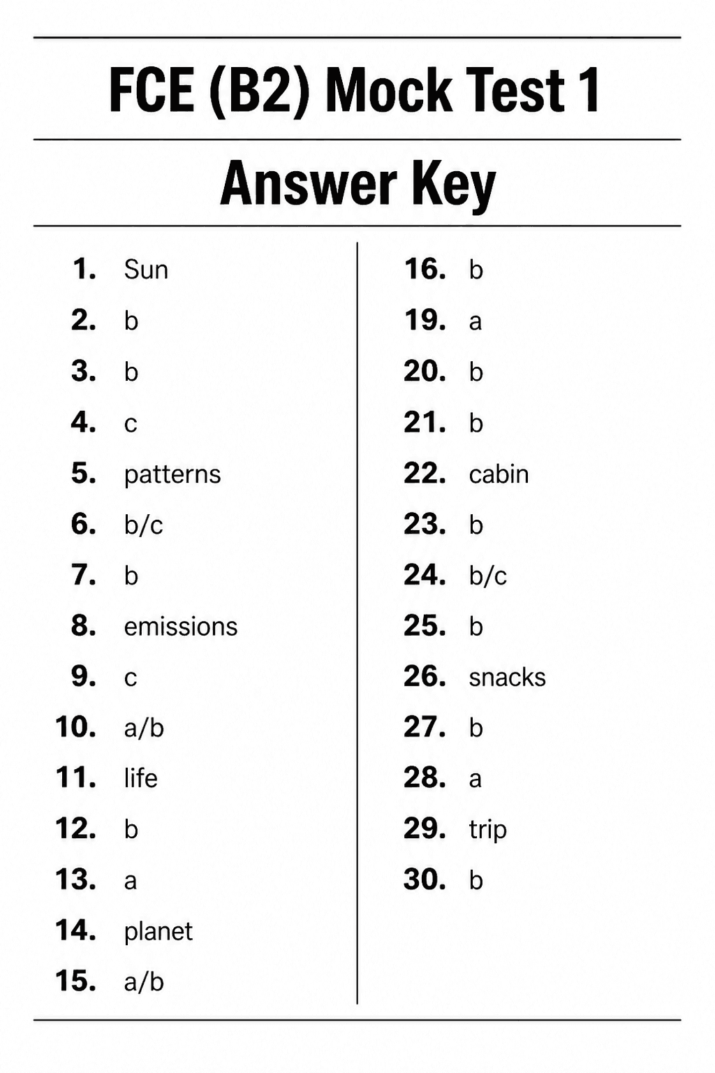 Answer key for B2 First (FCE) — Mock Test 1