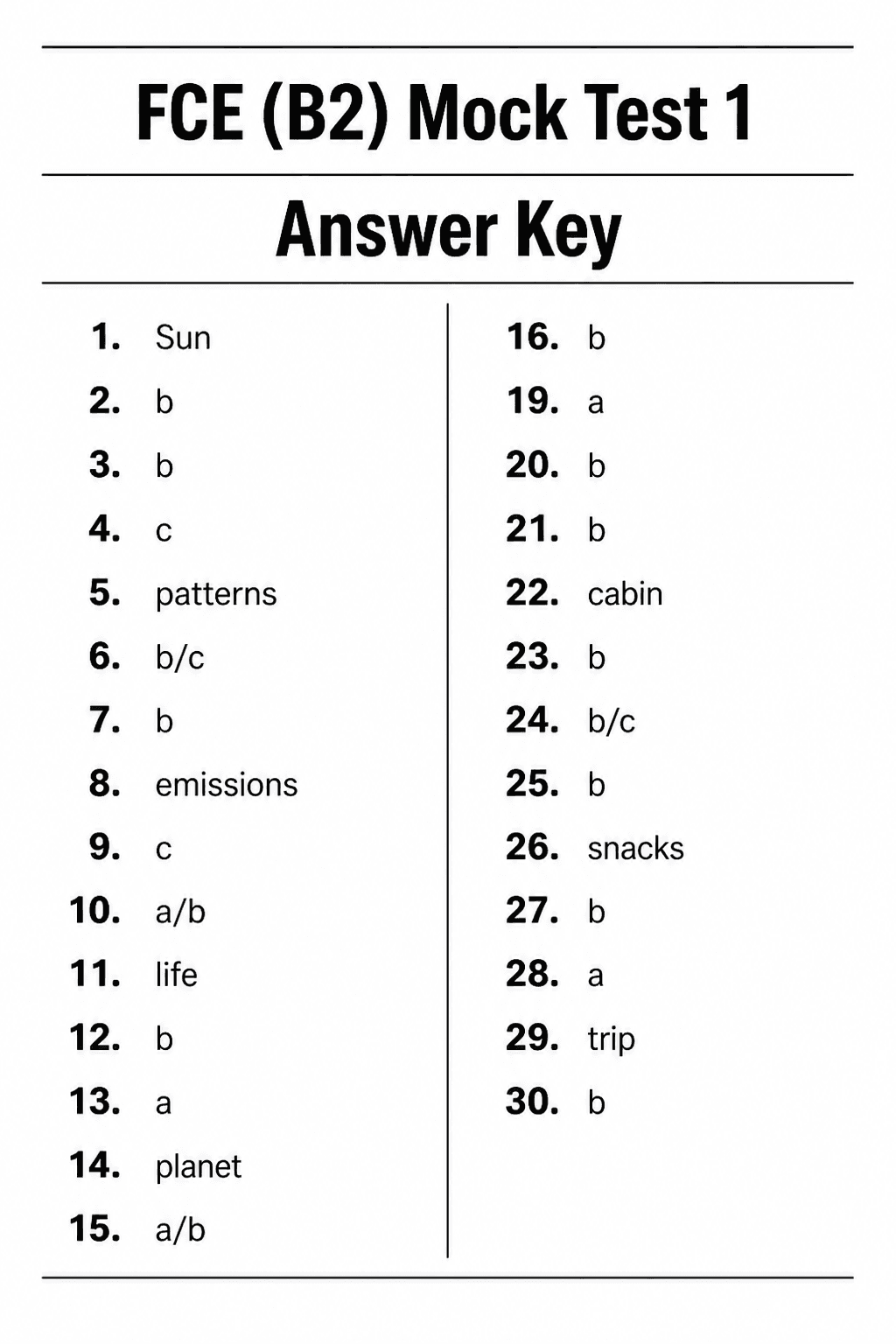 Answer key for B2 First (FCE) — Mock Test 1
