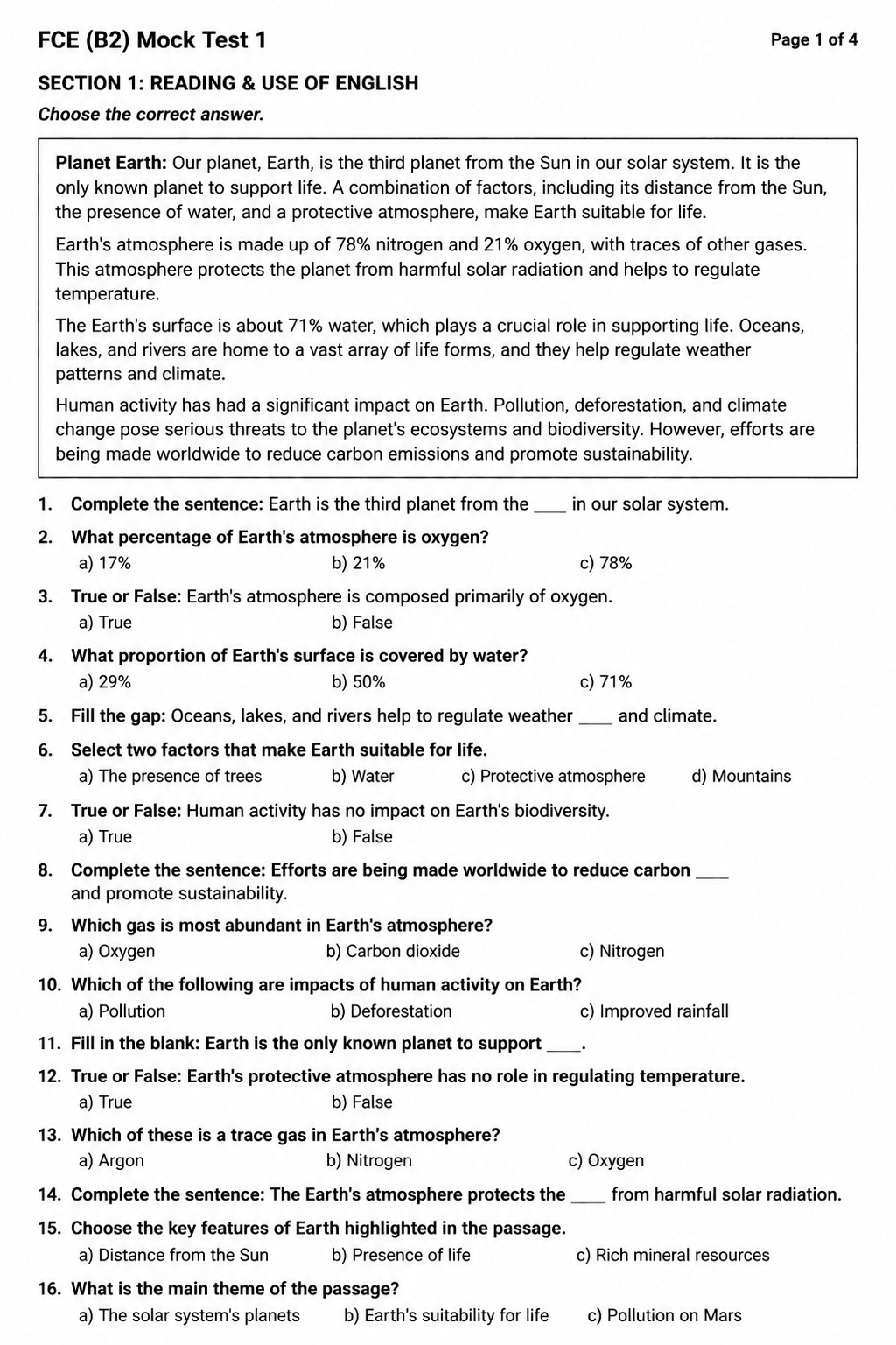B2 First (FCE) — Mock Test 1
