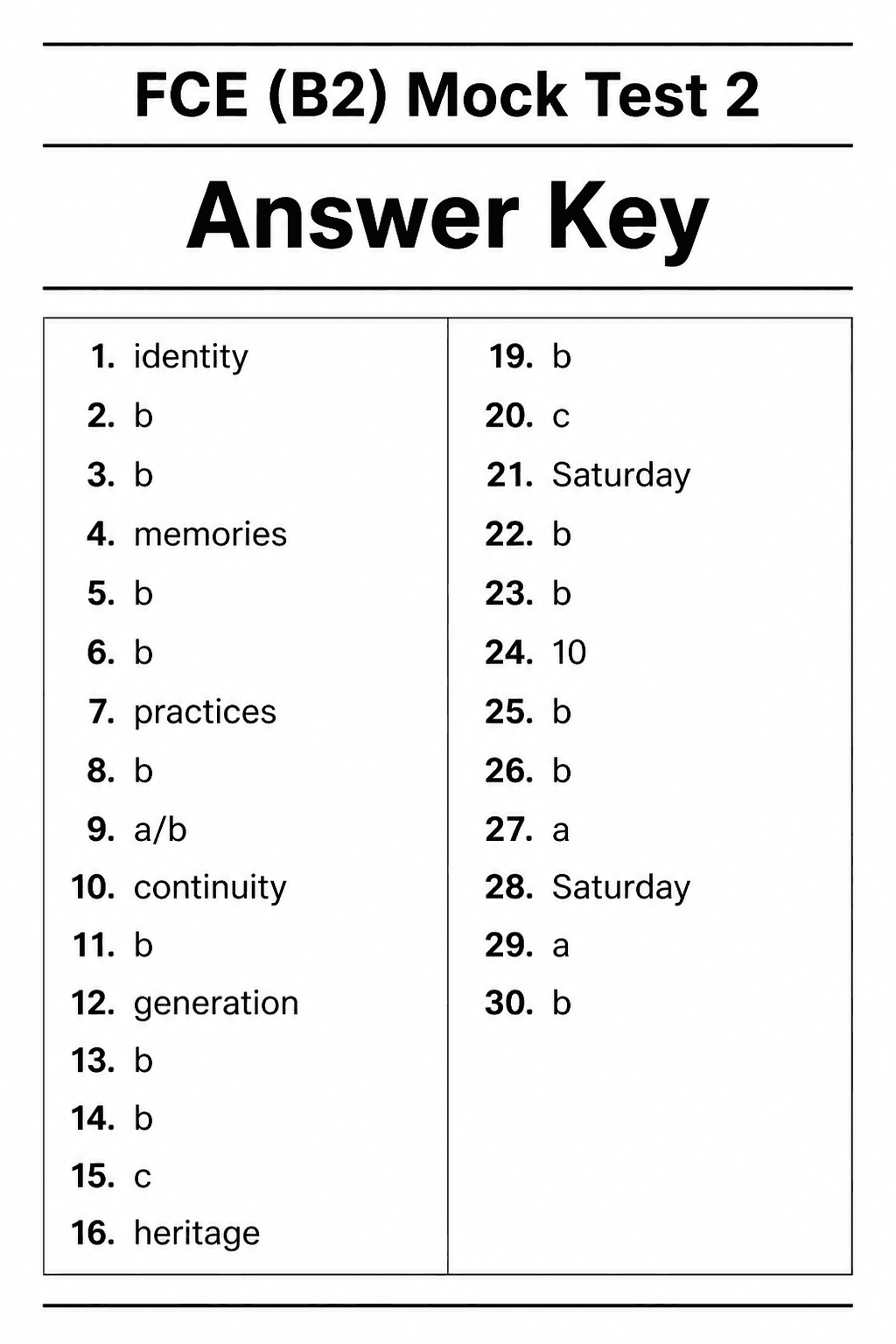 Answer key for B2 First (FCE) — Mock Test 2